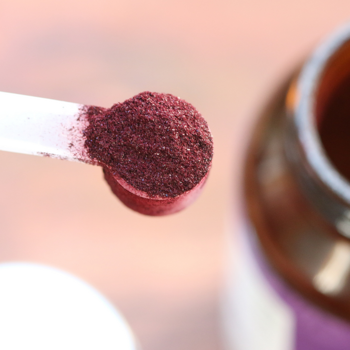 elderberry crystal powder up close, deep red and sparkly powder in teaspoon