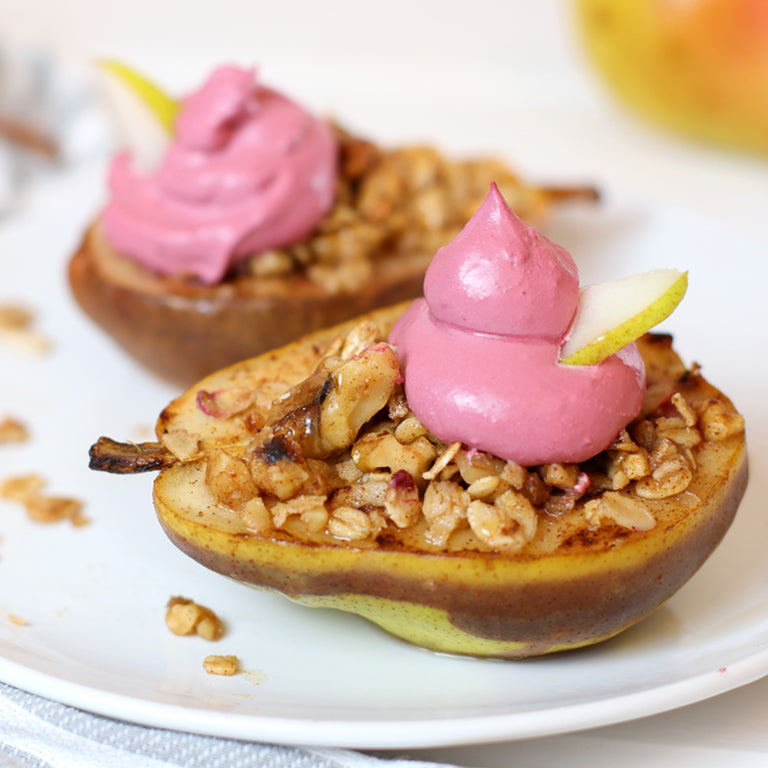 Cinnamon Baked Pears with Elderberry Whipped Cream and Mānuka Honey