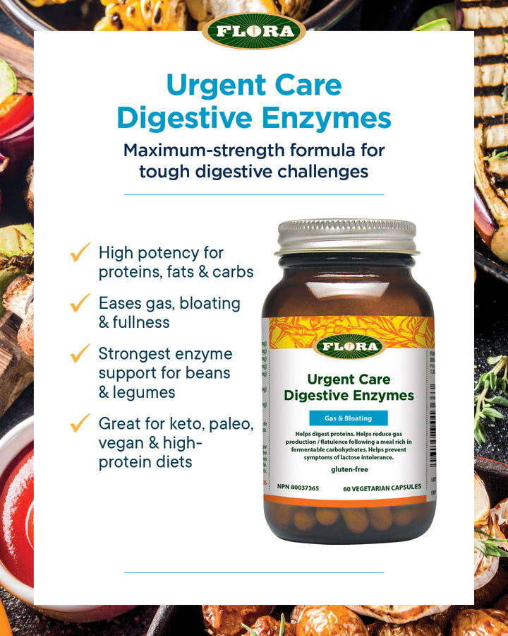 Flora Urgent Care Digestive Enzymes supplement bottle with product details on a white background