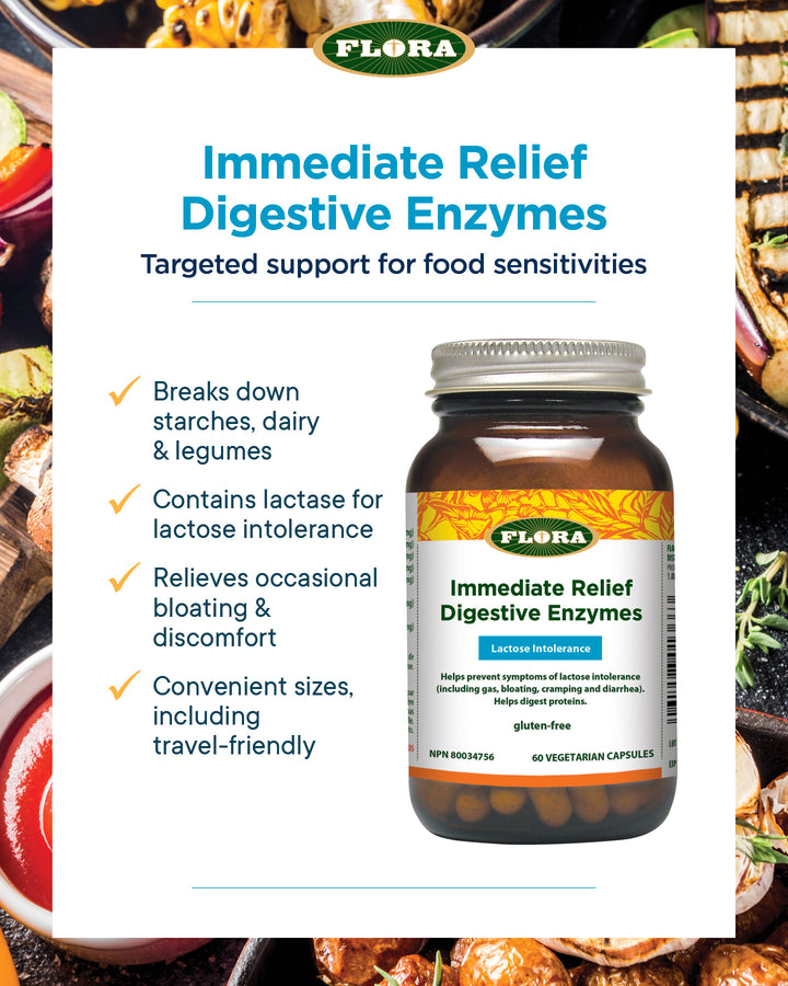 Flora Immediate Relief Digestive Enzymes bottle with product details on a white background
