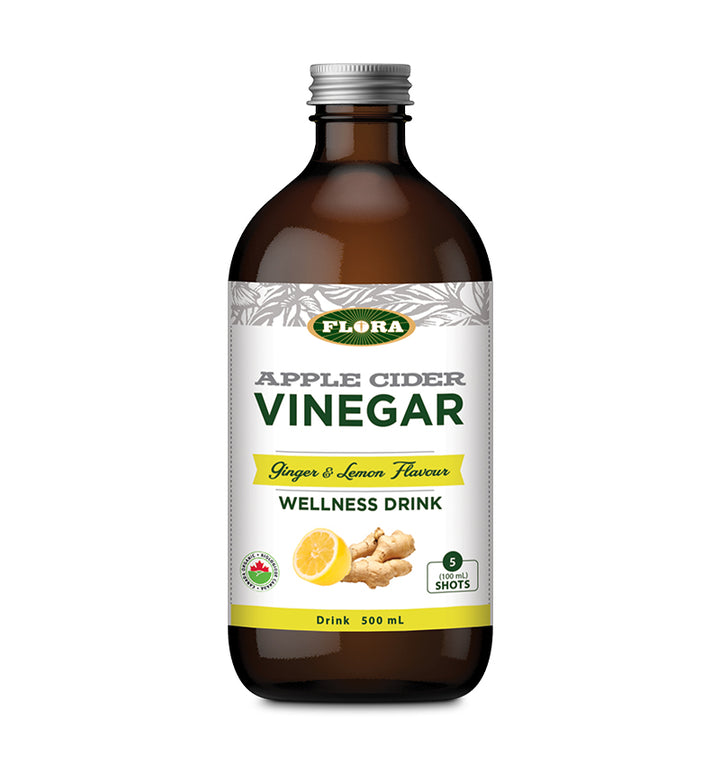 lemon ginger apple cider vinegar by Flora Health in 500 ml container