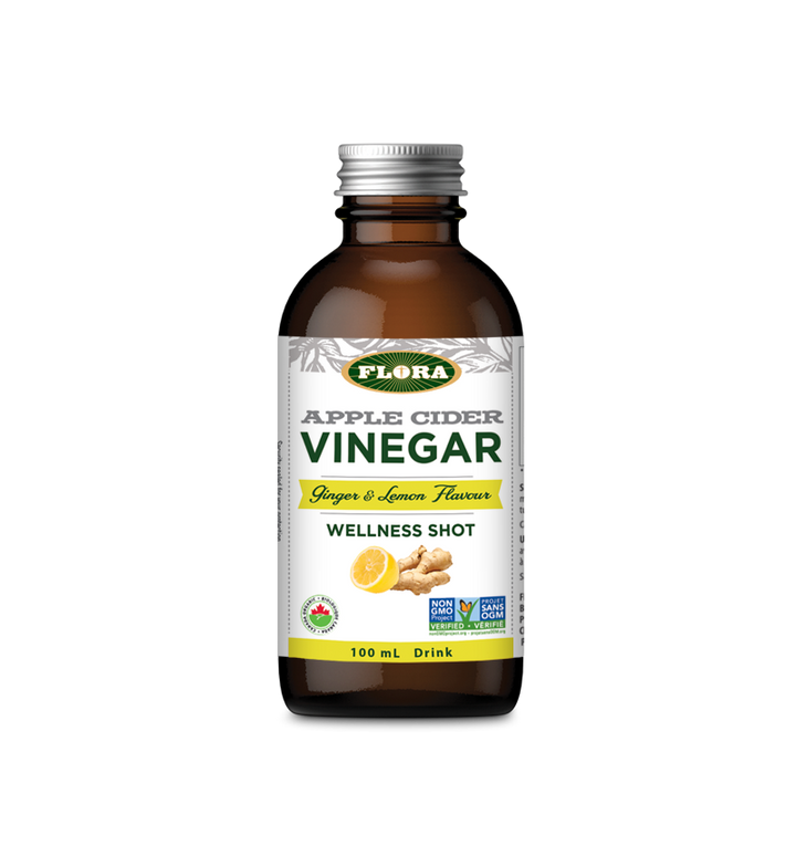 apple cider vinegar wellness shot with natural lemon and ginger, certified organic and non-gmo by FLora Health