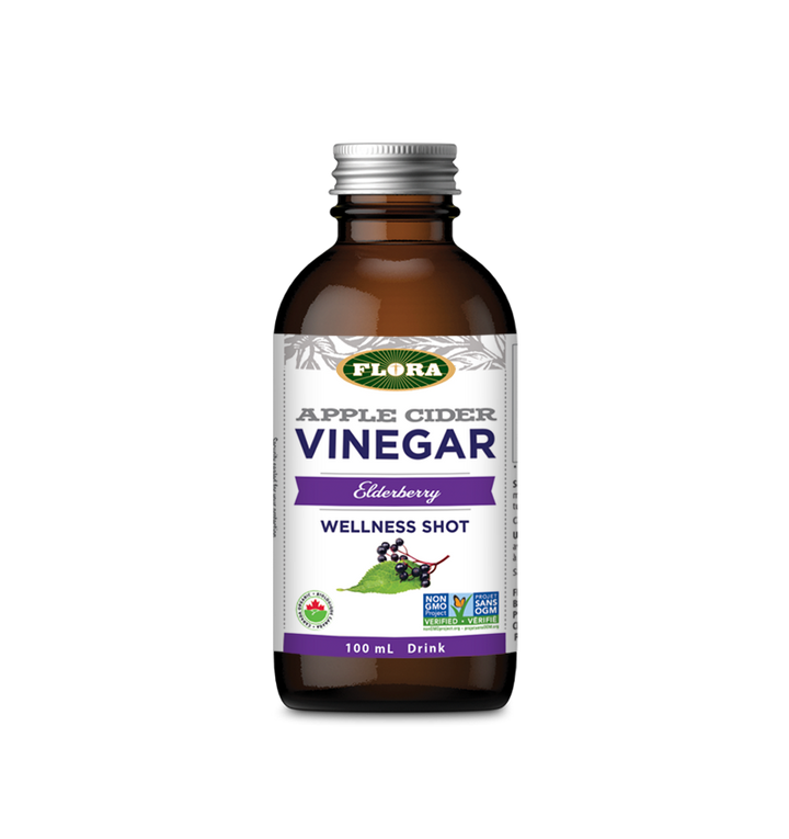 Natural elderberry flavored apple cider vinegar in 100mL container, certified organic and non-gmo