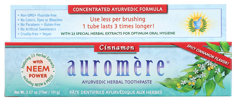 cinnamon flavored ayurvedic herbal toothpaste with no flouride, dyes, bleaches, parabens, gluten, or artificial sweeteners