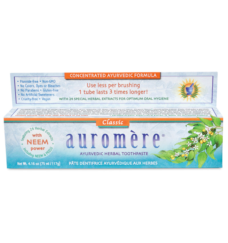 Auromere ayurvedic herbal toothpaste with neem, peelu, and pther herbal extracts, vegan and cruelty-free toothpaste