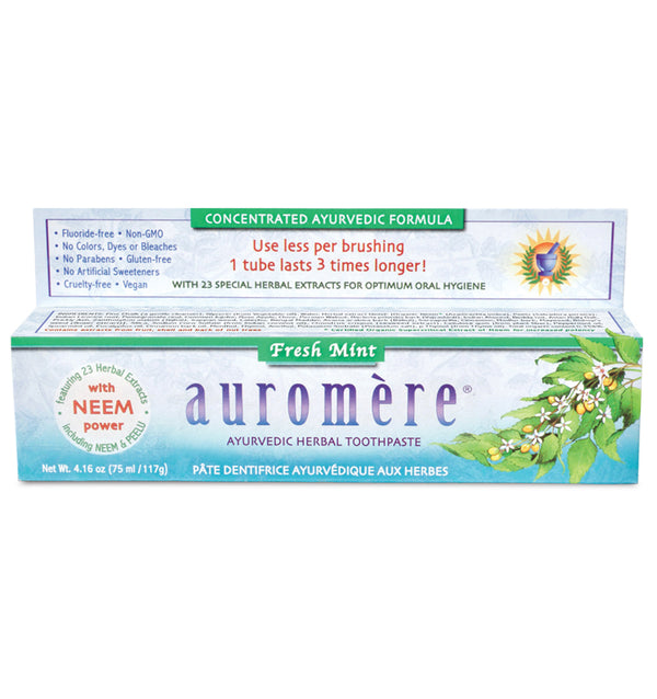 auromere mint flavored vegan toothpaste, ayurvedic toothpaste with no flouride