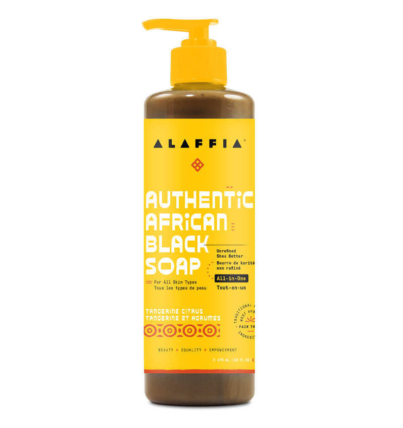 Alaffia authentic African black soap with unrefined shea butter and tangerine, all in one liquid soap for all skin types