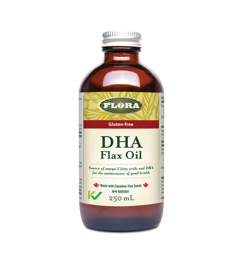DHA flax oil rich in omega-3 fatty acids and DHA to support health, made with Canadia flaxseeds