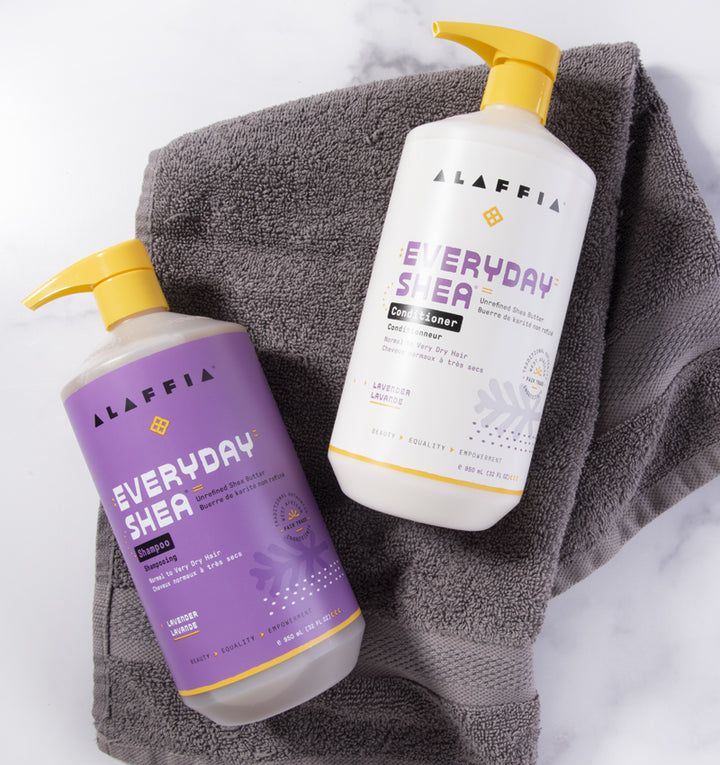 fair trade lavender shampoo and conditioner bottles by Alaffia