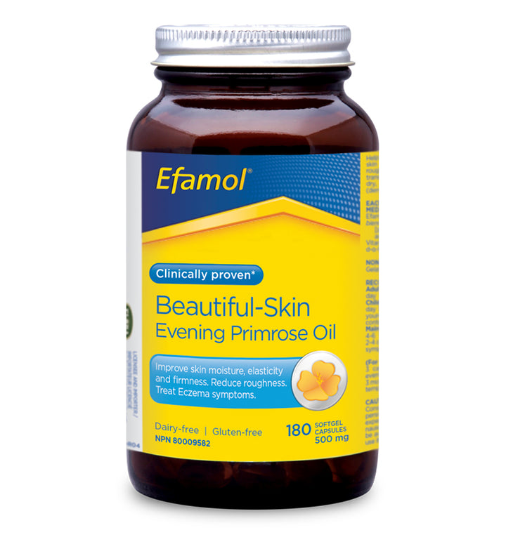 500 mg evening primrose oil capsule container by Efamol for eczema symptoms and skin moisture