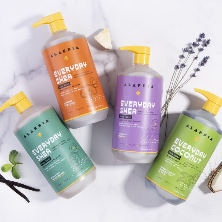 Alaffia Everyday Shea body wash with vanilla and mint, unscented shea butter body wash, lavender and shea butter body wash, and coconut body wash