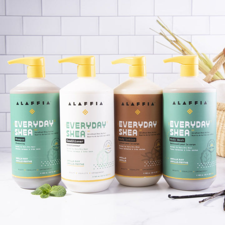 Alaffia fair trade vanilla mint shampoo, lavender conditioner, vanilla lotion, and vanilla mint body wash