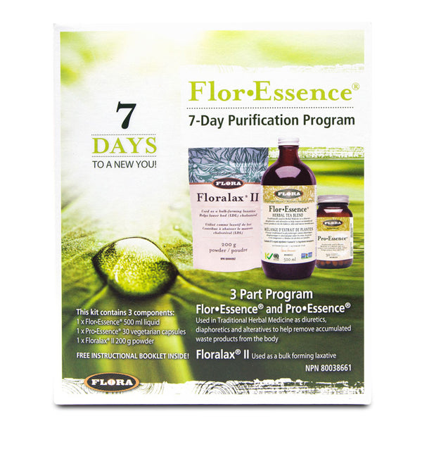 Flor*Essence 7-day purification program with Floralax 2, Flor Essence herbal tea blend, and Pro Essence capsules to help remove accumulated waste products from body