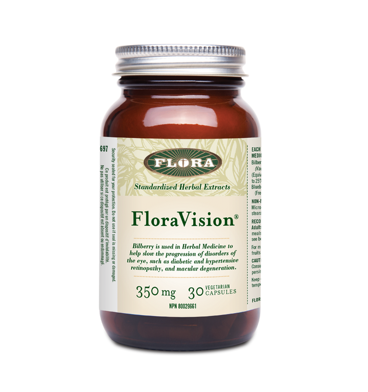 Floravision bilberry supplement used in herbal medicine to help slow the progression of eye disorders including diabetic and hypertensive retinopathy and macular degeneration