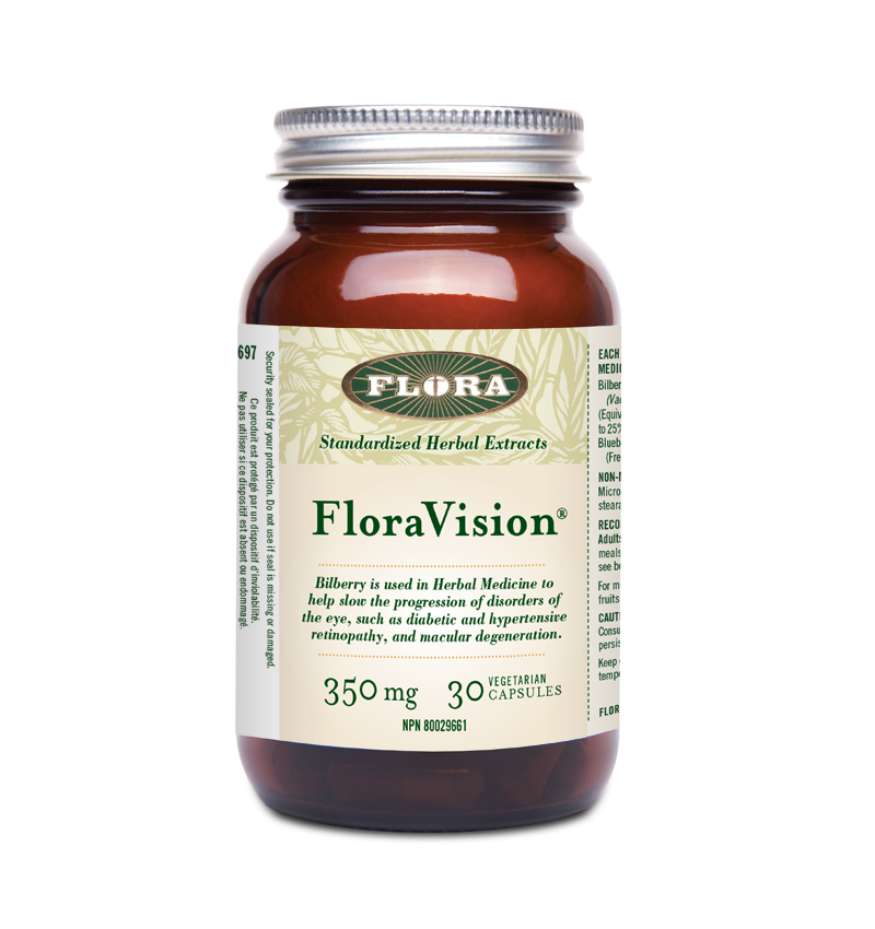 Floravision bilberry supplement used in herbal medicine to help slow the progression of eye disorders including diabetic and hypertensive retinopathy and macular degeneration