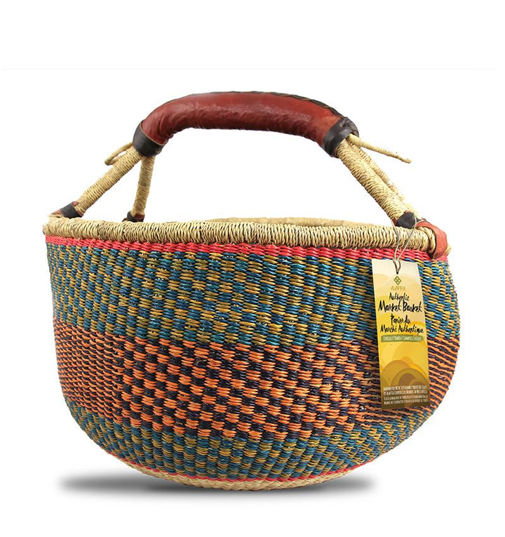round basket made in Africa by Alaffia with checker pattern