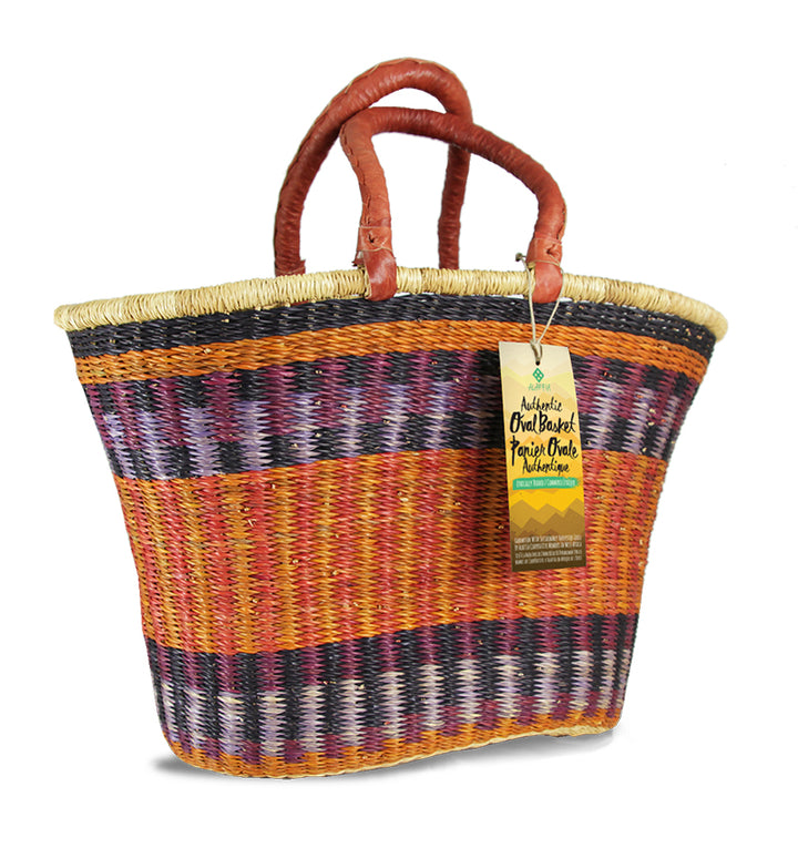 oval shaped colorful basket by Alaffia, made fair trade by basket weavers in Africa