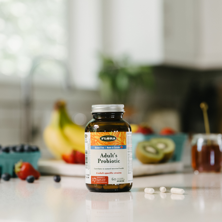 Flora health probiotic capsules for adults, 17 billion probiotic cells at time of manufacture, surrounded by healthy fruits and honey